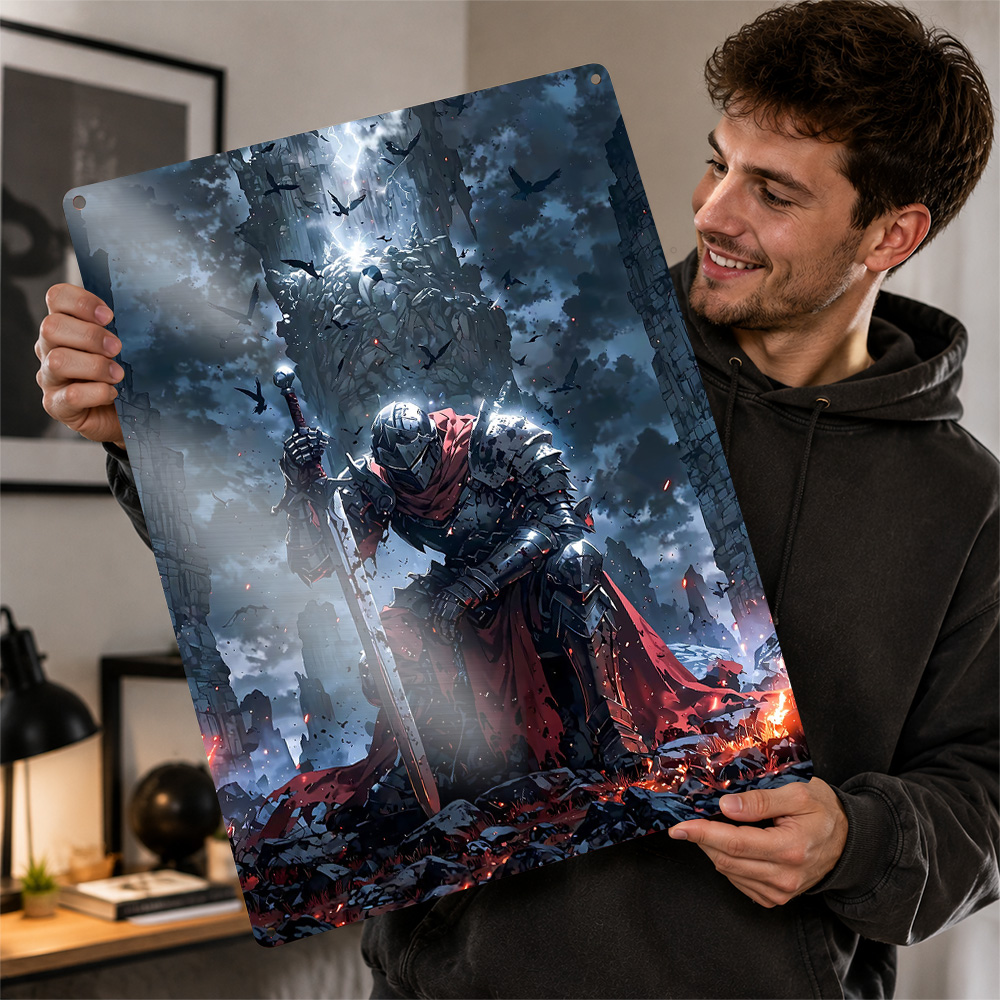 Retro Knight Gaming - Knielende ridder in donker fantasy landschap